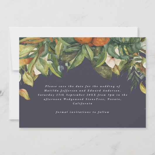 Script elegante trouwcitrus botanische moderne save the date (Achterkant)