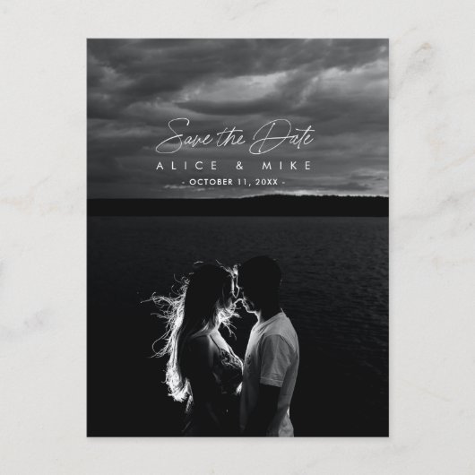 Script elegante witte kalligrafie Save the Date Aa Aankondigingskaart (Voorkant)