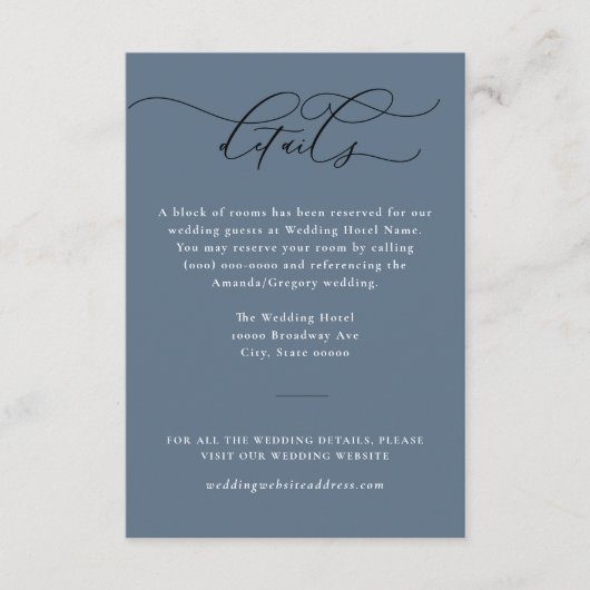 Script en elegante sereniteit bruiloft details informatiekaartje (Voorkant)