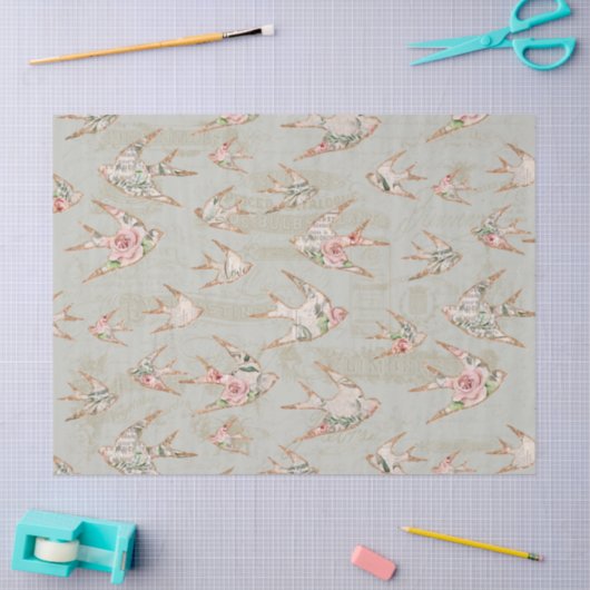  Script Ephemera Floral Waterverf Birds Tissuepapier (Craft)