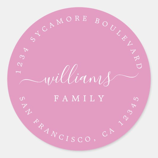 Script familienaam fuchsia roze retouradres ronde sticker (Voorkant)