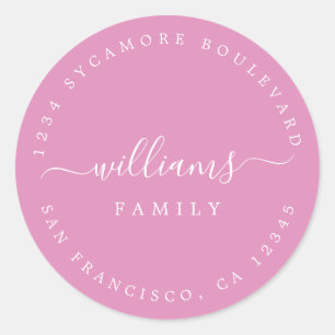 Script familienaam fuchsia roze retouradres ronde sticker