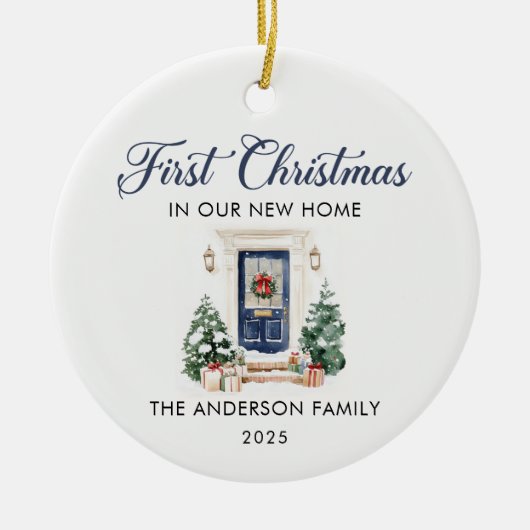 Script First Christmas At Our New Home Blue Keramisch Ornament (Voorkant)