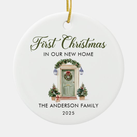 Script First Christmas At Our New Home Keramisch Ornament (Voorkant)