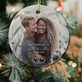 Script First Christmas Mr & Mrs Wedding Photo Keramisch Ornament
