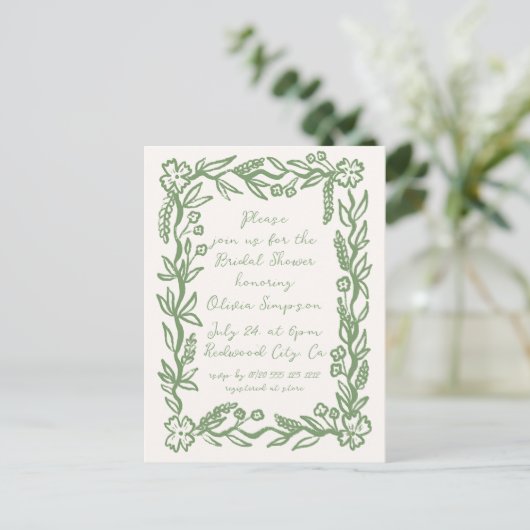 Script Floral Botanical Sage Vrijgezellenfeest Briefkaart (Staand voorkant)