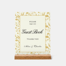 Script Floral Cream en Gold Guest Book Sign
