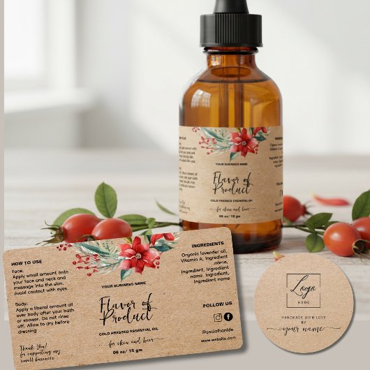 Script Floral Kraft druppelfles Etiket