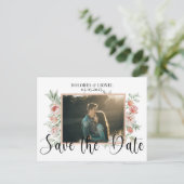 Script Floral Photo Wedding De datum opslaan Briefkaart (Staand voorkant)