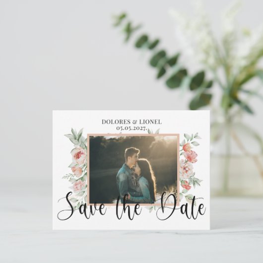 Script Floral Photo Wedding De datum opslaan Briefkaart (Staand voorkant)