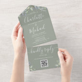Script Floral QR Code Sage Groene Trouw  All In One Uitnodiging (Afscheurbaar)