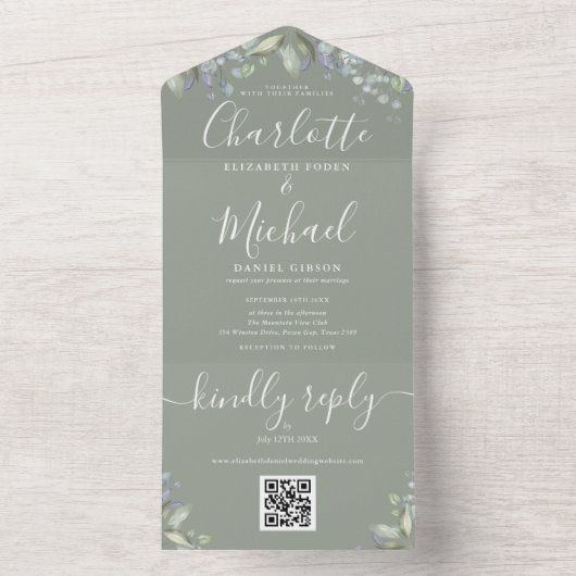 Script Floral QR Code Sage Groene Trouw  All In One Uitnodiging (Binnen)