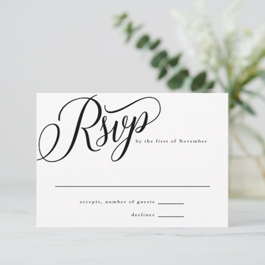 Script Floure Modern Black Reply RSVP-kaart RSVP Kaartje (Staand voorkant)