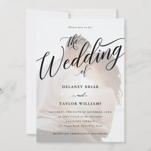 Script Flourish Modern Photo Wedding Invitation Kaart (Voorkant)