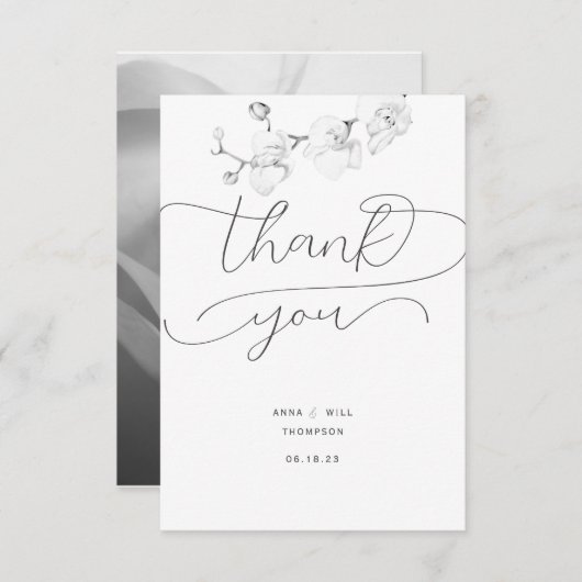 Script Flourishes Orchid Photo Weddenschap Bedankt (Voorkant / Achterkant)