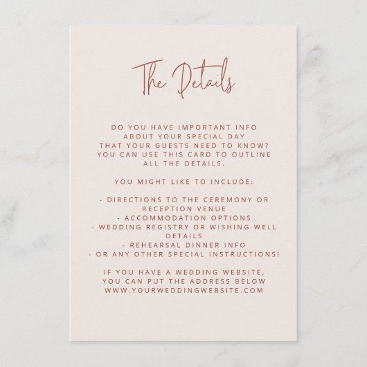 Script Font Modern Wedding Terracotta & Cream Informatiekaartje (Voorkant)