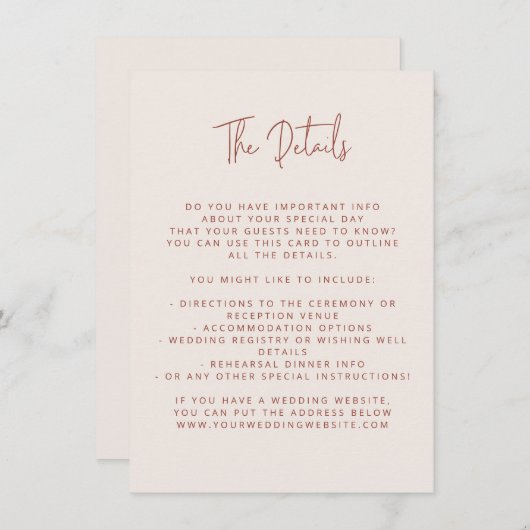 Script Font Modern Wedding Terracotta & Cream Informatiekaartje (Voorkant / Achterkant)