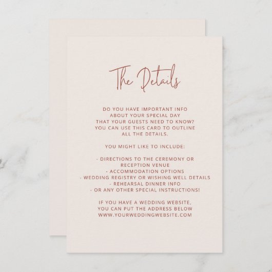 Script Font Modern Wedding Terracotta & Cream Informatiekaartje (Voorkant / Achterkant)