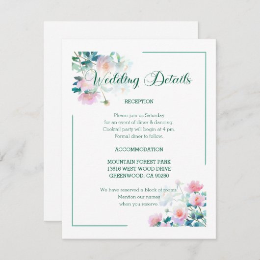 Script Font Pastel Garden Flowers Wedding Informatiekaartje (Voorkant / Achterkant)