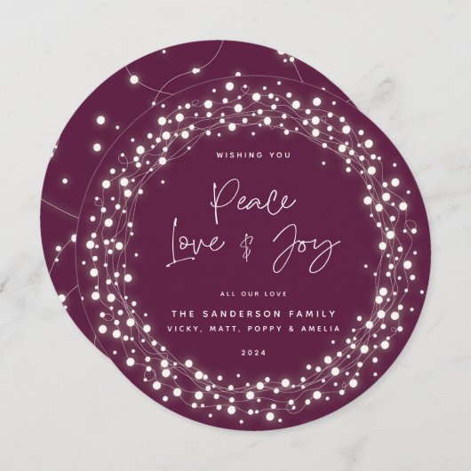 Script Font Peace Love+Joy Sparing Lights Feestdagenkaart (Voorkant / Achterkant)