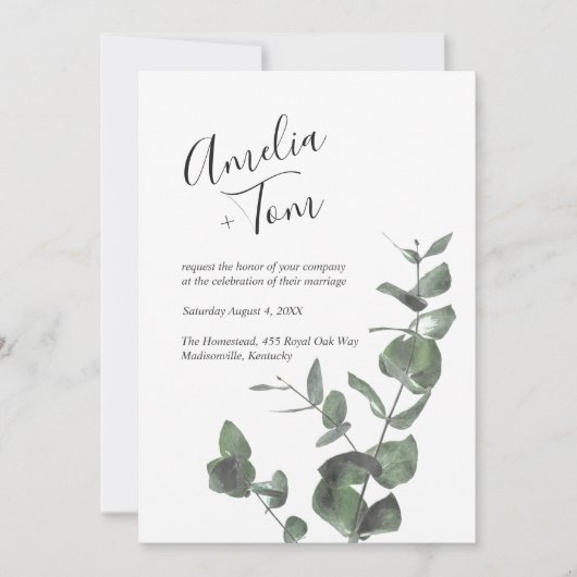 Script Font Waterverf Greenery Branch Wedding Kaart (Voorkant)