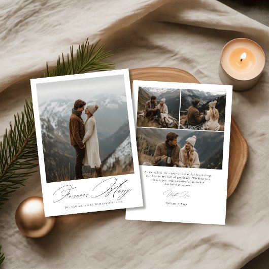 Script Forever Merry Newlywed Wedding Photo Feestdagenkaart