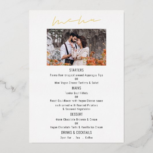 Script Foto Huwelijk Luxe Echt Folie Menu Kaart (Voorkant)
