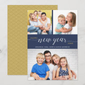 Script Gelukkig Nieuwjaar Typografie 3 Foto's Blau Feestdagenkaart (Voorkant / Achterkant)