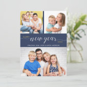 Script Gelukkig Nieuwjaar Typografie 3 Foto's Blau Feestdagenkaart (Staand voorkant)