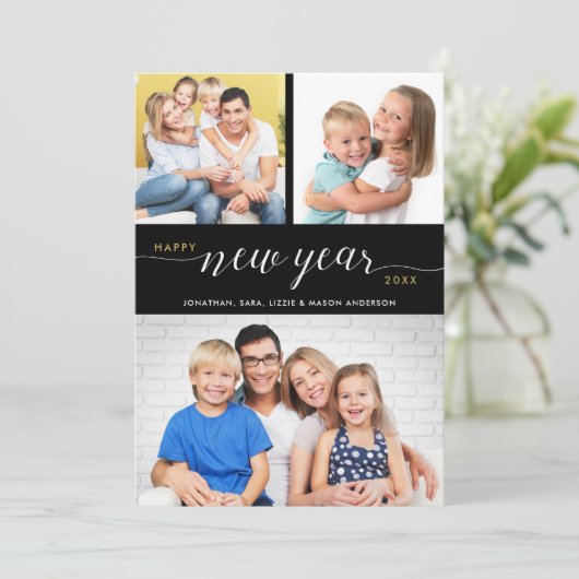 Script Gelukkig Nieuwjaar Typografie 3 Foto's Feestdagenkaart (Staand voorkant)