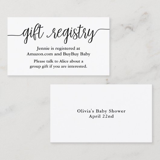 Script Gift Registry Shower Insert Kaart Visitekaartje (Voorkant / Achterkant)