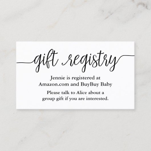 Script Gift Registry Shower Insert Kaart Visitekaartje (Voorkant)