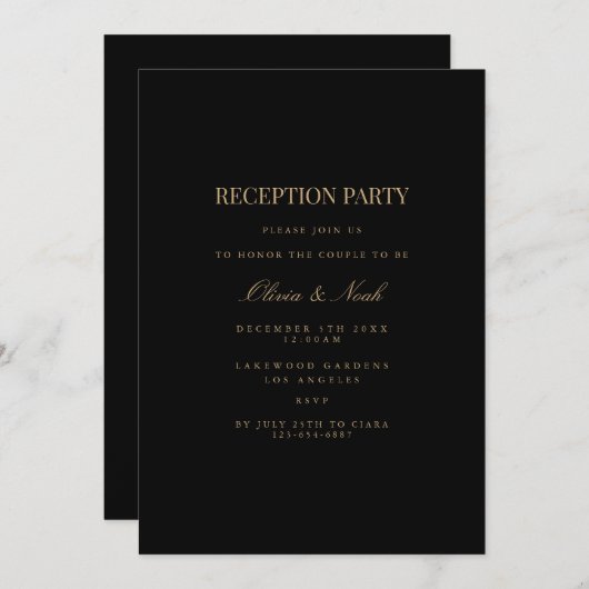 Script Gold & Black Reception Invitation Kaart (Voorkant / Achterkant)