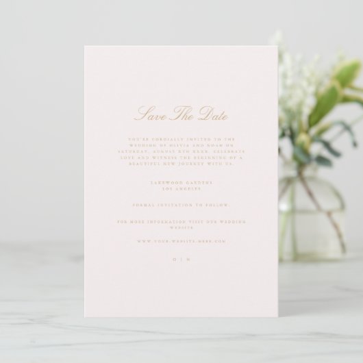 Script Gold & Blush Pink Save The Date Kaart (Staand voorkant)