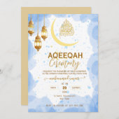 Script gold crescent Baby Boy Aqiqah Invitation Kaart (Voorkant / Achterkant)