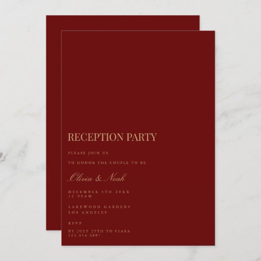 Script Gold & Deep Red Reception Invitation Kaart (Voorkant / Achterkant)