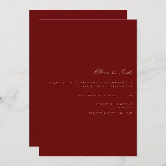 Script Gold & Deep Red Wedding Invitation Kaart (Voorkant / Achterkant)