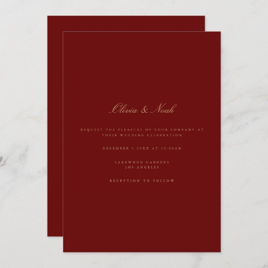 Script Gold & Deep Red Wedding Invitation Kaart (Voorkant / Achterkant)