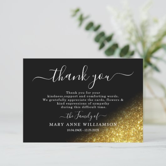 Script Gold Glitter Funeral Hartelijk dank Bedankkaart (Staand voorkant)