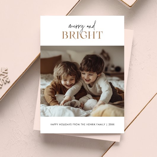 Script Gold Merry & Bright Christmas Kinder foto Feestdagenkaart