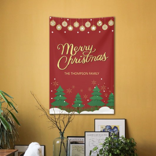 Script Gold Merry Christmas Trees Family Banner