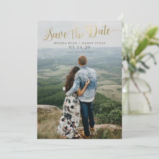 Script Gouden Foto Save the Date Kaarten (Staand voorkant)