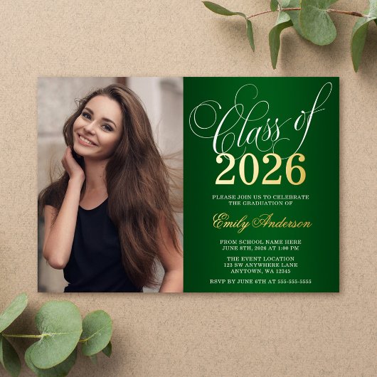 Script Green 2025 Photo Graduation Party Gold Folie Uitnodiging