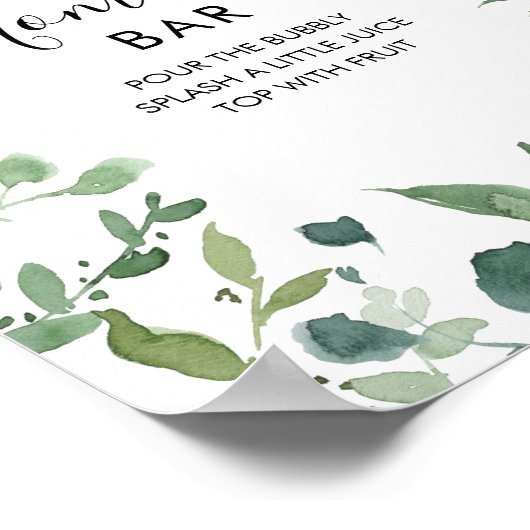 Script Green Foliage Baby shower Momosa Bar Sign. Poster (Hoek)