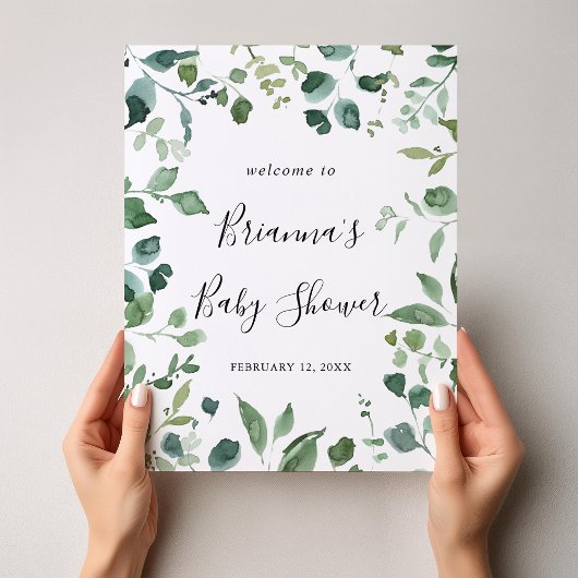 Script Green Foliage Baby shower Welcome Poster