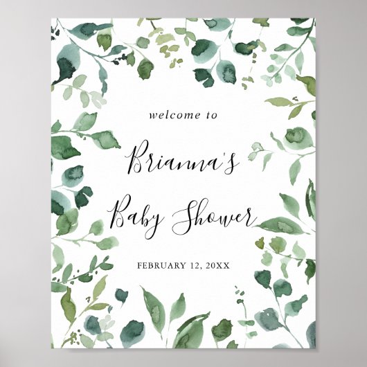 Script Green Foliage Baby shower Welcome Poster (Voorkant)