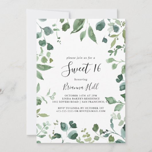 Script Green Foliage Sweet 16 Birthday Party Kaart (Voorkant)