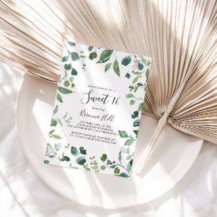 Script Green Foliage Sweet 16 Birthday Party Kaart