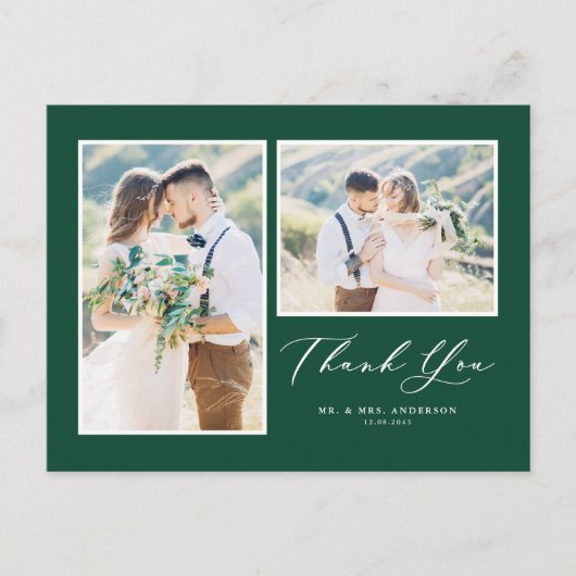 Script Green Twee foto bruiloft dank u Briefkaart (Voorkant)