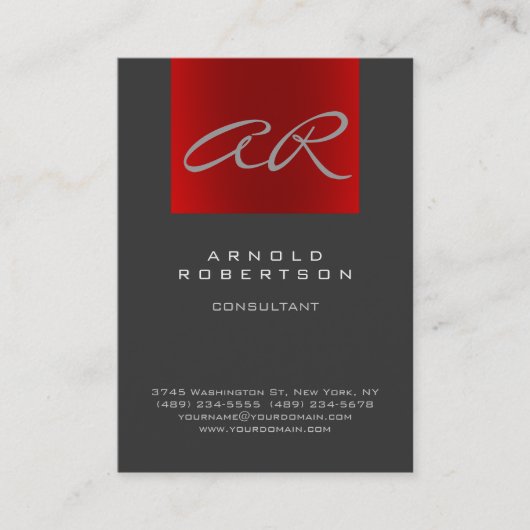 Script Grey Red Trendy Monogram Visitekaartje (Voorkant)